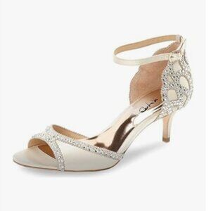 XYD Ivory Chic Peep Toe D'Orsay Kitten Heel Rhinestone Studs Ankle Strap Sandal